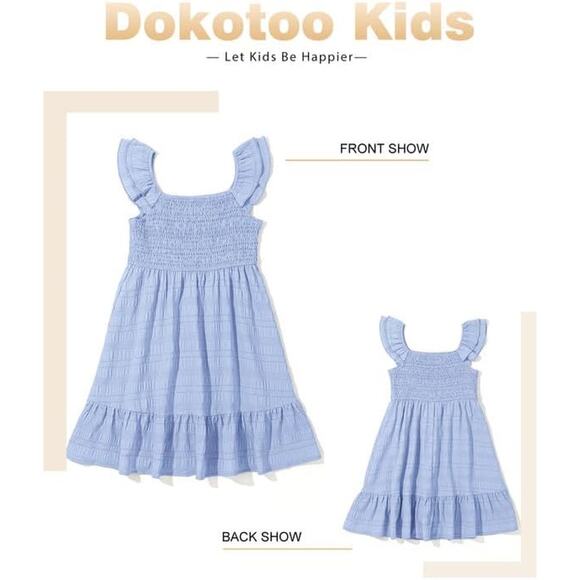 Dokotoo Girls Large Sky Blue Polyester Blend Sleeveless Smocked A Line Dress - Picture 4 of 5
